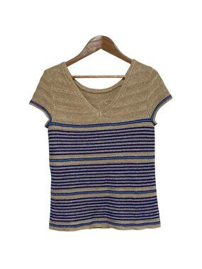 Chanel Coco Mark Border Lame Summer Knit 34 Beige Blue